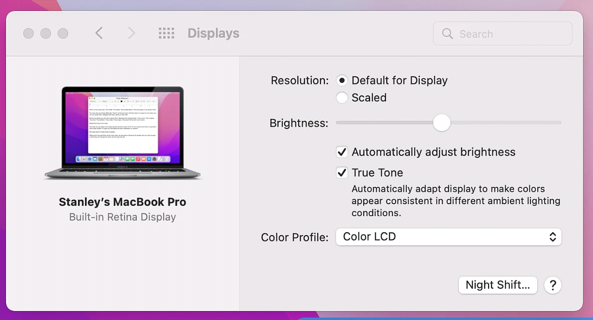 Macbook nightshift programmers display configuration