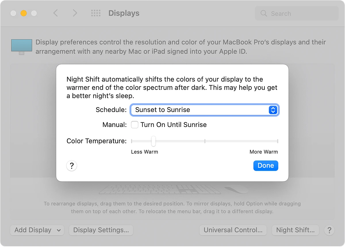 Macbook monterey system displays night shift